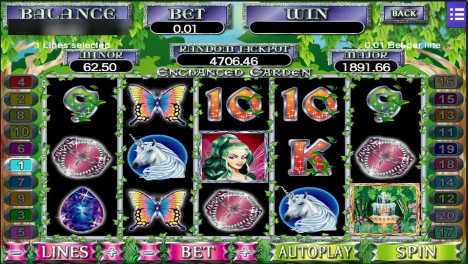 Enchanted Garden with the fairy on reel 3, unicorns on reels 2 and 4 and a fountain on reel 5, one line at 0.01