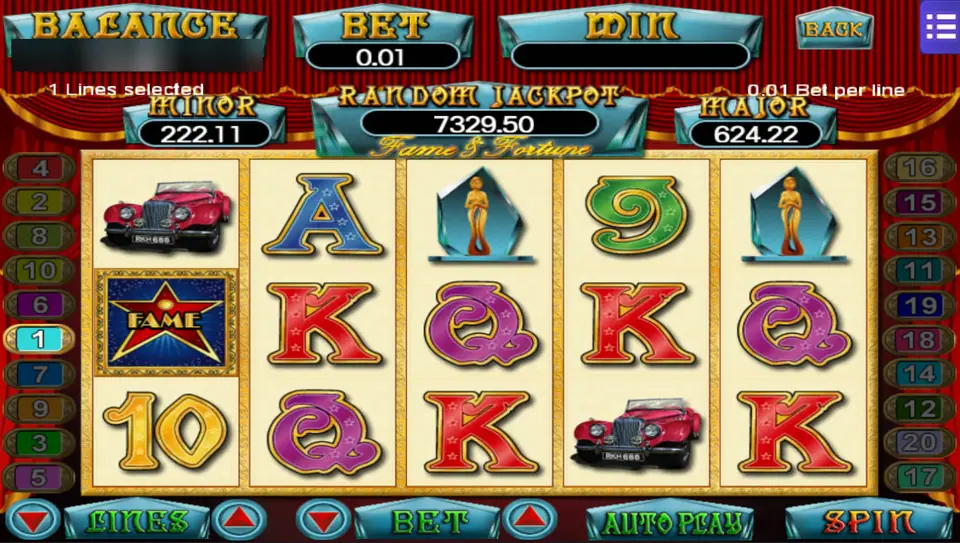 Fame and Fortune reels with a FAME star on reel 1, two red vintage cars, two golden statuettes and card letters, 1 line at 0.01