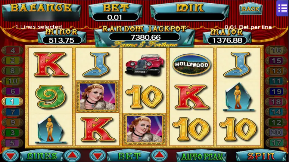 Fame and Fortune with the film star wild on reels 2 and 3, a Hollywood sign on reel 4 and a red roadster on reel 3