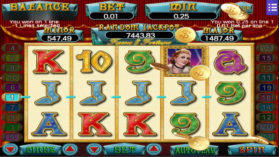 Fame and Fortune paying 0.25 for four blue Js on line 1, with the film star on the top row of reel 4