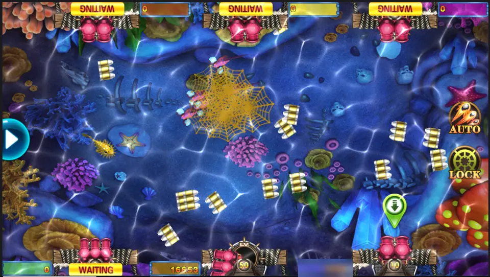 Fishing Star in the blue reef stage with small gold targets drifting across, a net bursting near the top and three seats marked WAITING