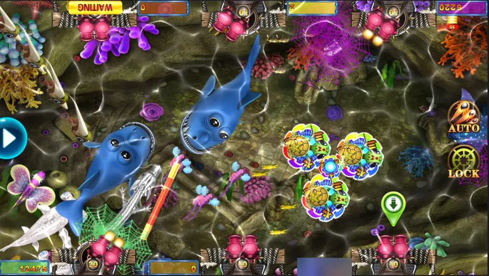 Fishing Star table with two blue sharks, a pink cannon shot and three bursting fish bundles, six pink cannons around the edge