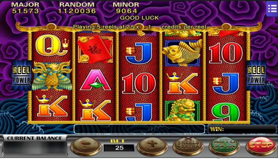 Five Dragons playing 5 reels at 25 credits, with a phoenix on reel 1, a red envelope on reel 2 and a lion dog on reel 4
