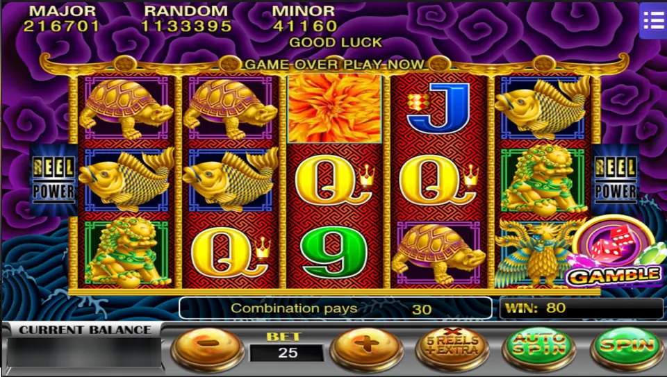 Five Dragons after a win of 80, with gold turtles and koi on reels 1 and 2, a phoenix on reel 5 and a GAMBLE badge beside it