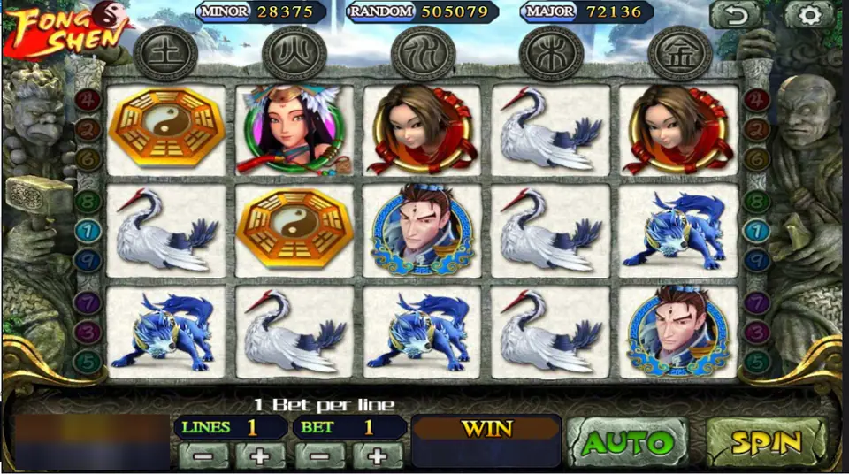 Fong Shen with white cranes on reels 1, 2 and 4, blue beasts on reels 1, 3 and 5 and a bagua on reels 1 and 2, 1 line at 1