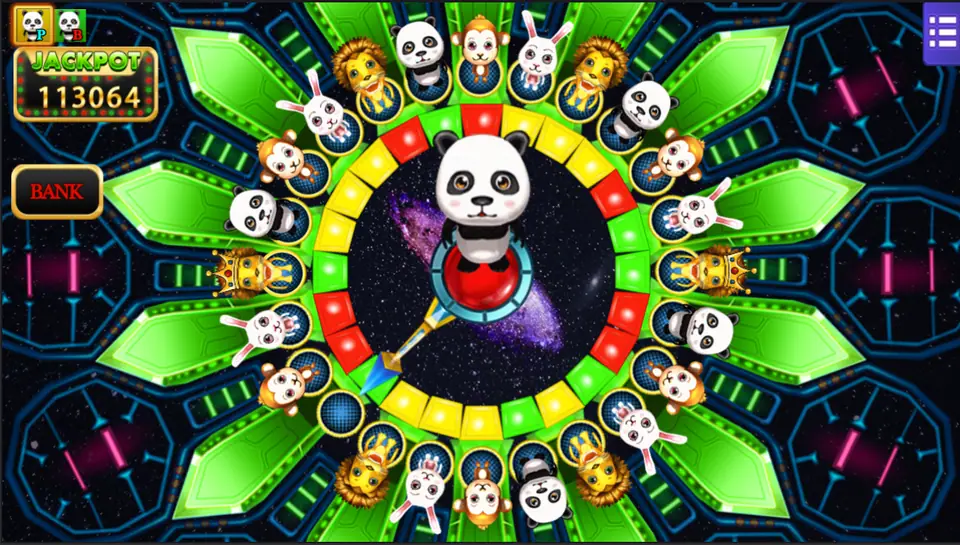 Forest Dance wheel with the pointer stopped on a panda, a ring of red, green and yellow segments and BANK shown as the side result