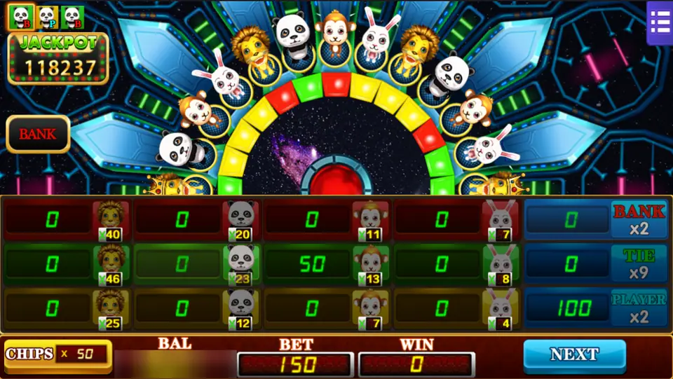 Forest Dance board with 50 on the green monkey and 100 on PLAYER for a total bet of 150, and a NEXT button
