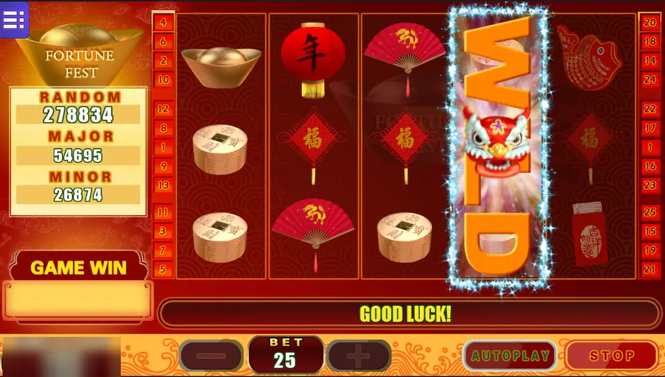 Fortune Fest with a lion dance WILD filling reel 4, a lantern, dragon fans, coin stacks and 福 knots on the other reels, bet 25