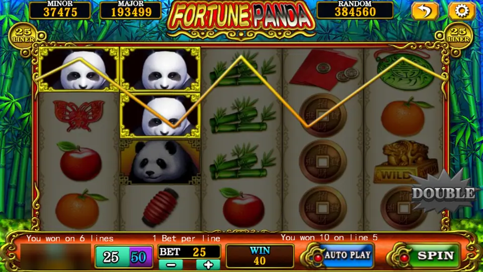 Fortune Panda paying 40 on 6 lines at a bet of 25, with pandas on reels 1 and 2 and a gold lion WILD on reel 5, a DOUBLE button beside it