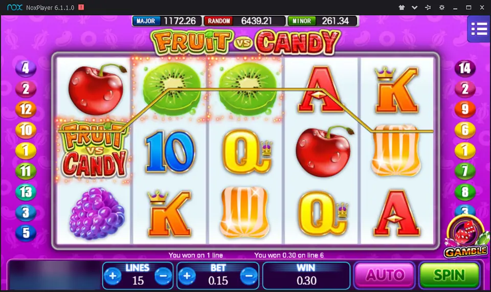 Fruit vs Candy paying 0.30 on line 6, with the game logo on reel 1 and kiwi slices on reels 2 and 3