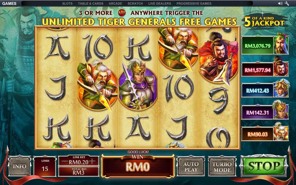 Five Tiger Generals mid-spin with the Unlimited Tiger Generals Free Games banner at the top and general portraits on reels 2, 3, 4 and 5
