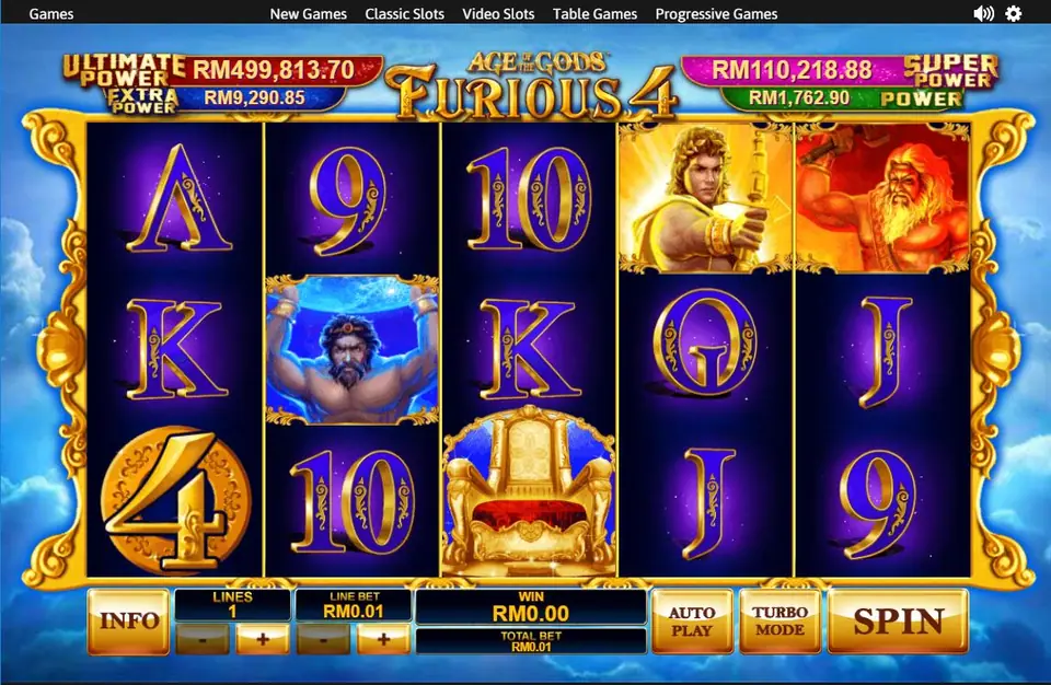 Furious 4 reels with a gold 4 coin, Atlas, a golden throne, Apollo with his bow and Prometheus in red, one line at RM0.01