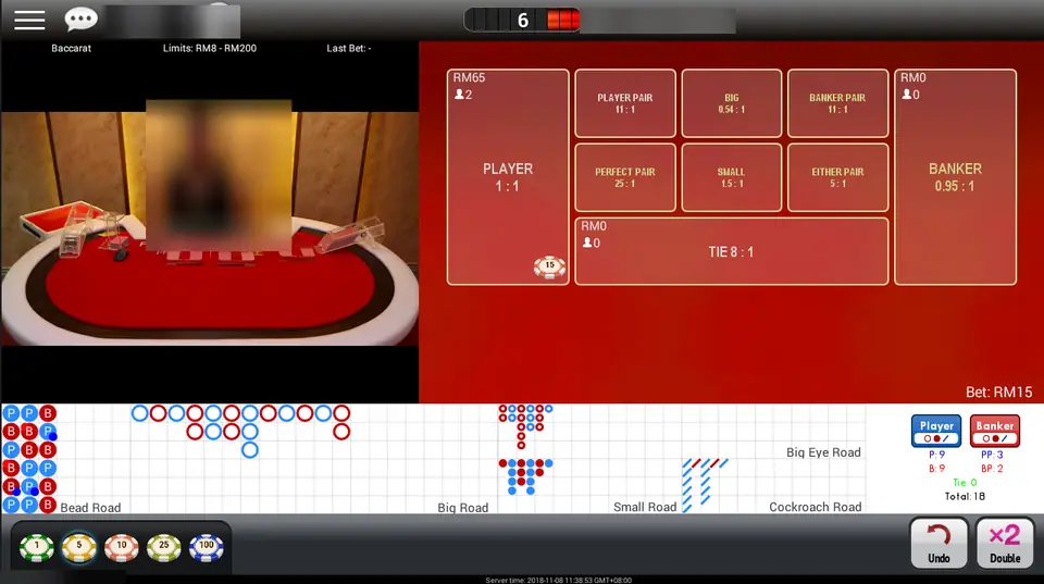NTC33 baccarat with the dealer video on the left and a red bet grid on the right: Player 1:1, Banker 0.95:1, Tie 8:1 and six side bets, limits RM8 to RM200
