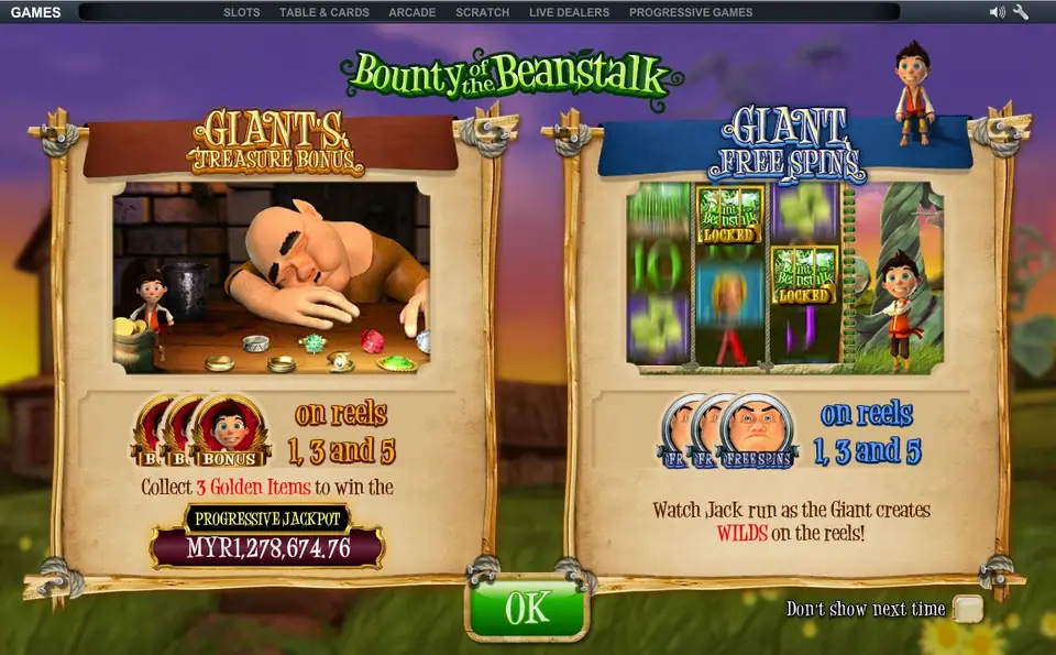 Bounty of the Beanstalk feature screen: Giant's Treasure Bonus with Jack and the sleeping giant, and Giant Free Spins with locked wild symbols