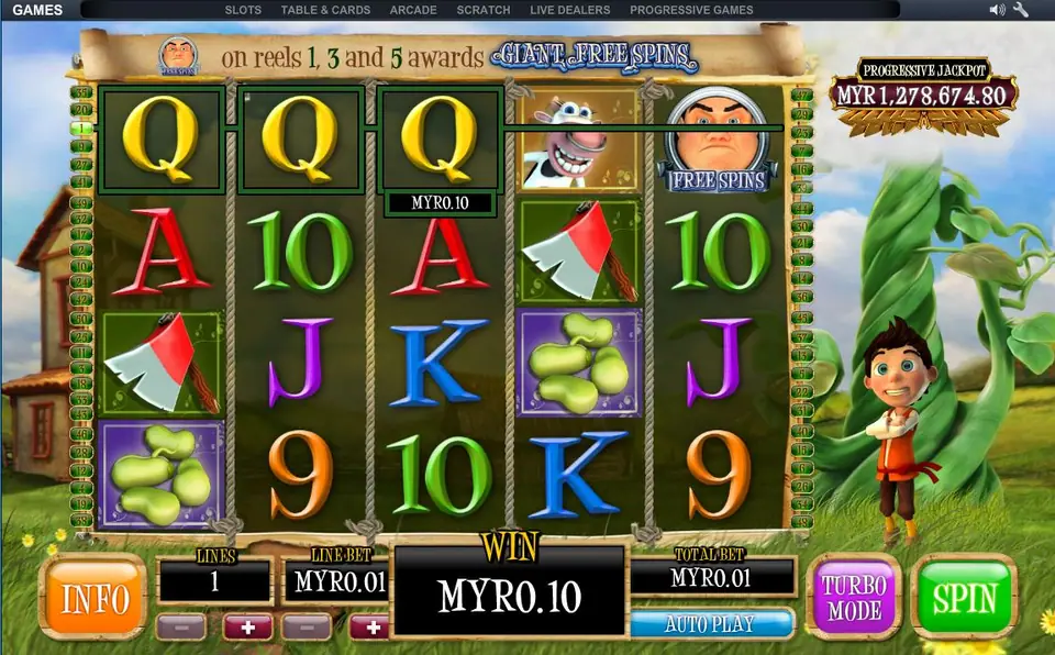 Bounty of the Beanstalk with three yellow Qs winning MYR0.10 on the top row, an axe, magic beans, a cow and the giant on the reels, Jack by the beanstalk
