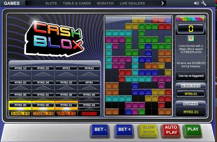 Cash Blox with a nearly full well of coloured blocks, the pay table for singles, doubles, triples and quads at a stake of MYR0.01, and the free play panel
