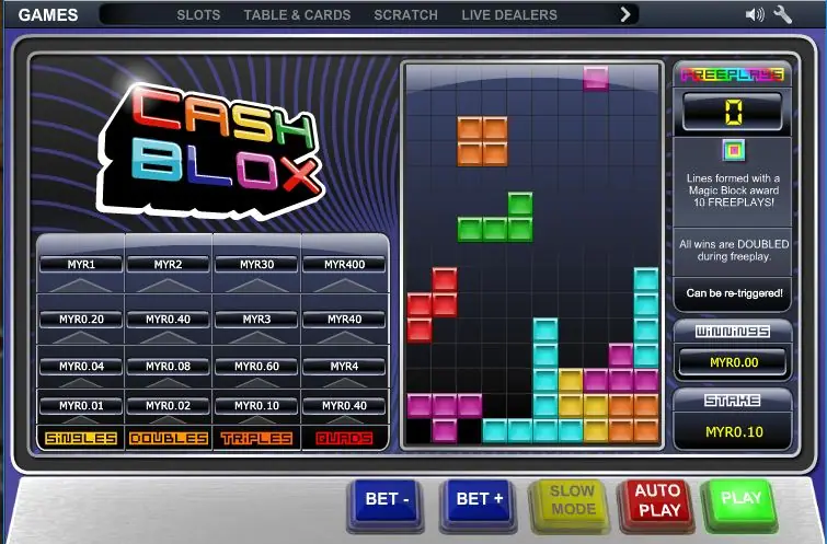 Cash Blox mid-game with a green piece falling, red, cyan and orange blocks stacked at the bottom and the pay table at MYR0.10