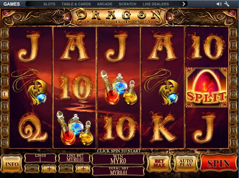 Dragon Kingdom reels with a red SPLIT egg on reel 5, potions on reels 2 and 3 and dragon amulets on reels 1 and 4