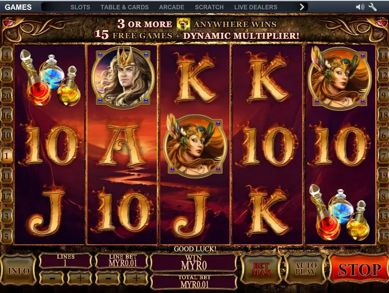 Dragon Kingdom mid-spin with the banner 3 or more scatters anywhere wins 15 free games plus dynamic multiplier