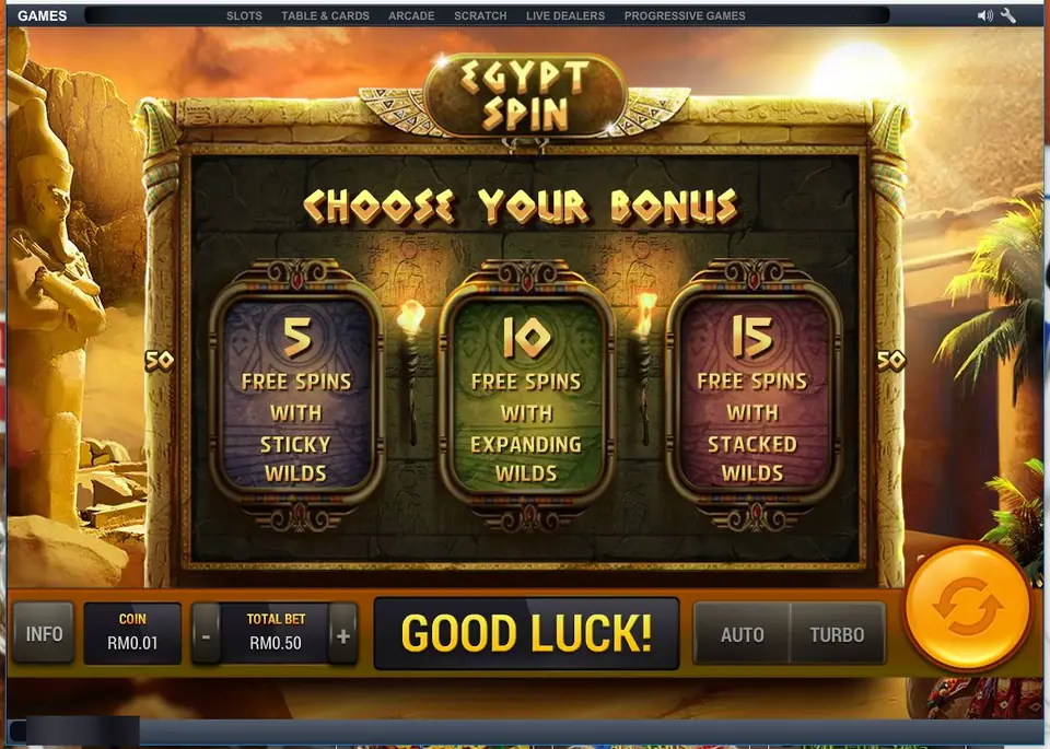 Egypt Spin Choose Your Bonus screen: 5 free spins with sticky wilds, 10 with expanding wilds, 15 with stacked wilds