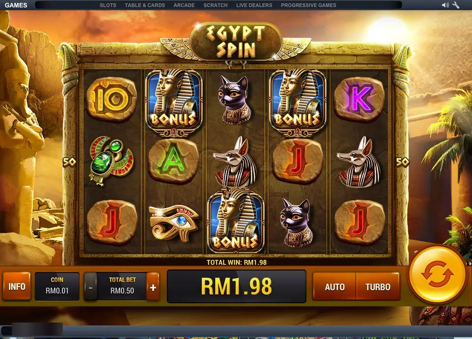 Egypt Spin reels with three pharaoh BONUS symbols on reels 2, 3 and 4 and a total win of RM1.98