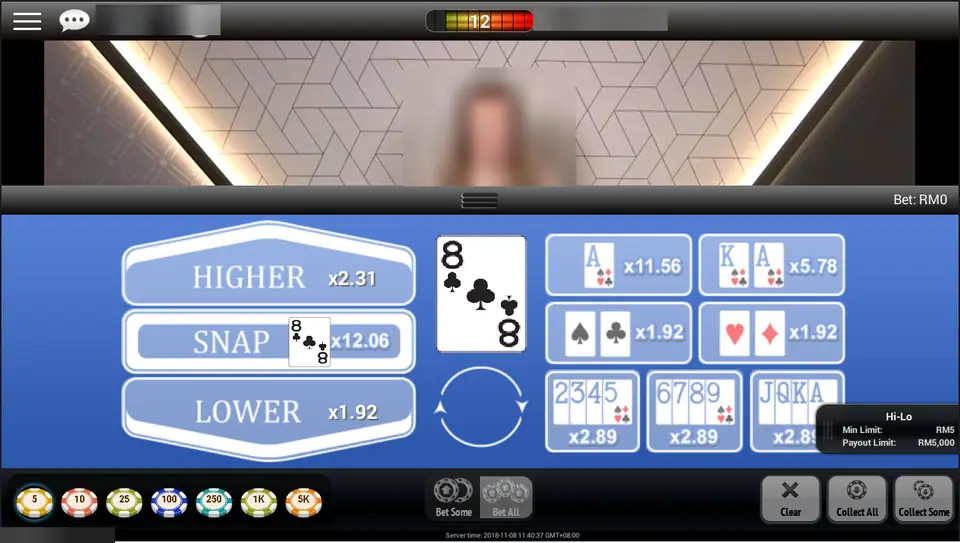 NTC33 Hi-Lo bet panel with an 8 of clubs showing: Higher x2.31, Snap x12.06, Lower x1.92, side bets from x1.92 to x11.56 and chips from 5 to 5K