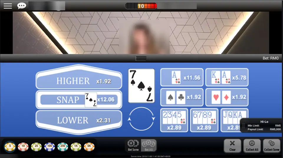 Hi-Lo bet panel with a 7 of spades showing: Higher x1.92, Snap x12.06, Lower x2.31 and the Collect All and Collect Some buttons