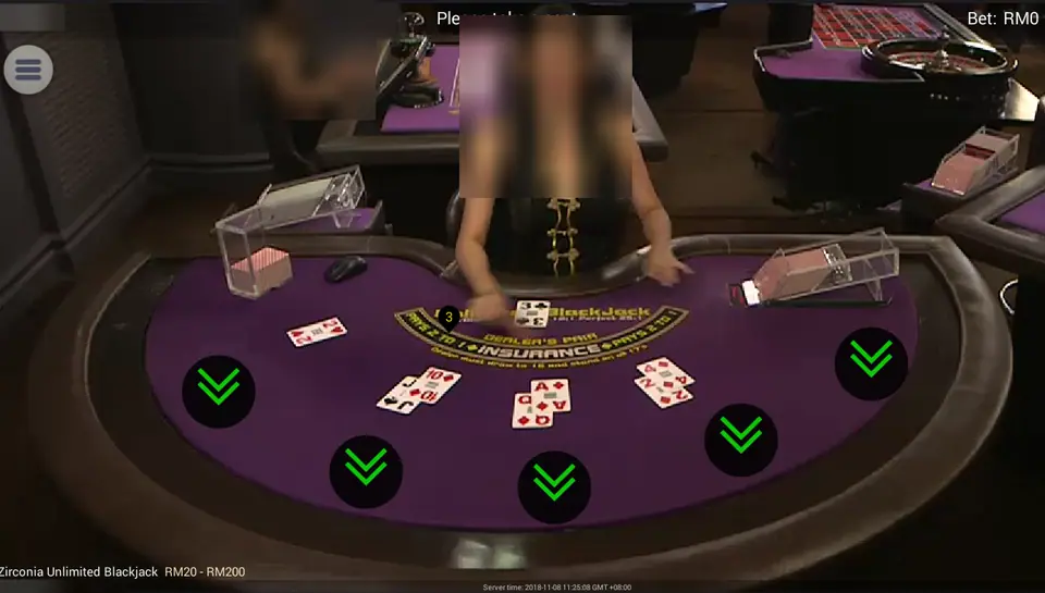 Zirconia Unlimited Blackjack on NTC33, a purple table with open betting spots marked by green arrows and limits of RM20 to RM200