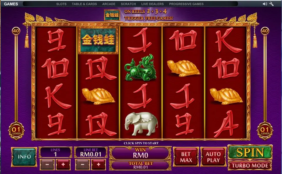 Jin Qian Wa with a banner saying the logo tile on reels 2, 3 and 4 triggers free games, a jade qilin, golden tortoises and a white elephant, one line at RM0.01