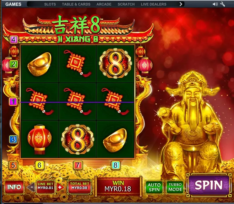 Ji Xiang 8 with three red knots winning MYR0.18 on line 1 across the middle, two 8 medallions, a lantern and gold ingots