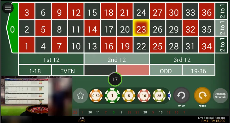 Live Football Roulette on NTC33 with 23 lit up on the grid, a presenter beside a football results board and chips from 0.50 to 25