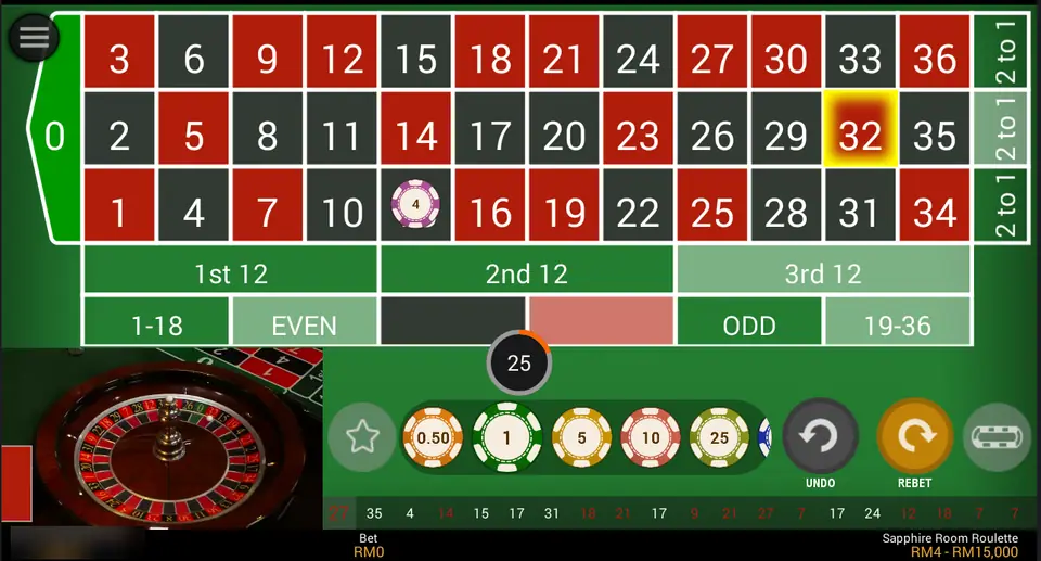 Sapphire Room Roulette on NTC33: a single-zero bet grid with 32 lit up as the winning number, a RM4 chip on 13 and the wheel in a video window