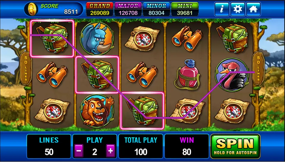 Three green backpacks on a diagonal line from reel one, win of 80 at total play 100