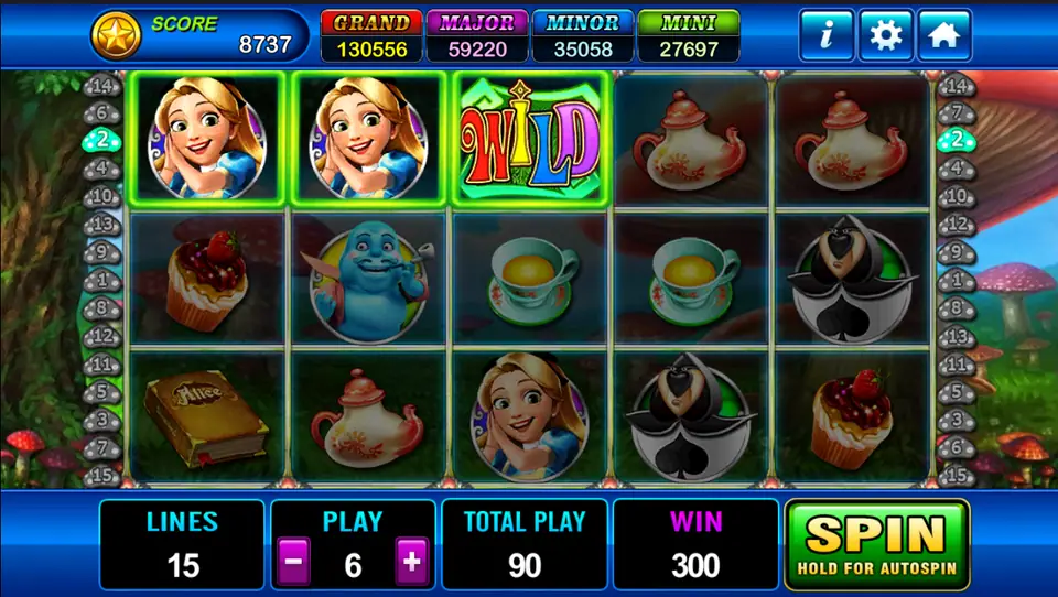 Two Alice tiles and a WILD lit up on line 2 for a win of 300