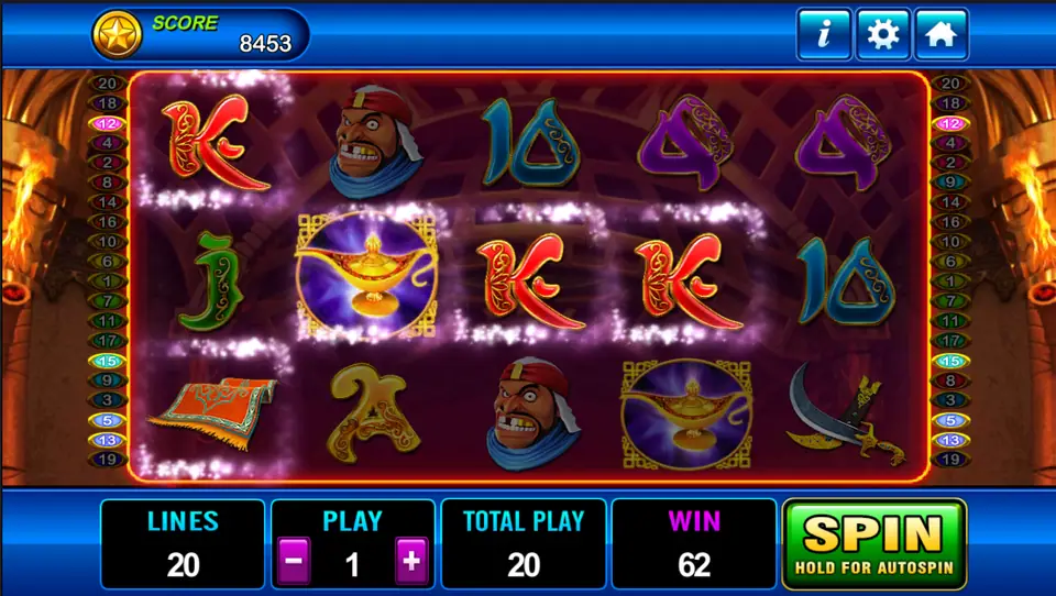 Aladdin spin with two lamps on reels 2 and 4, a guard in a red turban and K symbols, win of 62