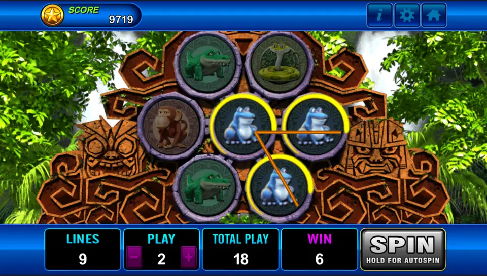 Three blue frog tiles circled in yellow and joined by a line for a win of 6