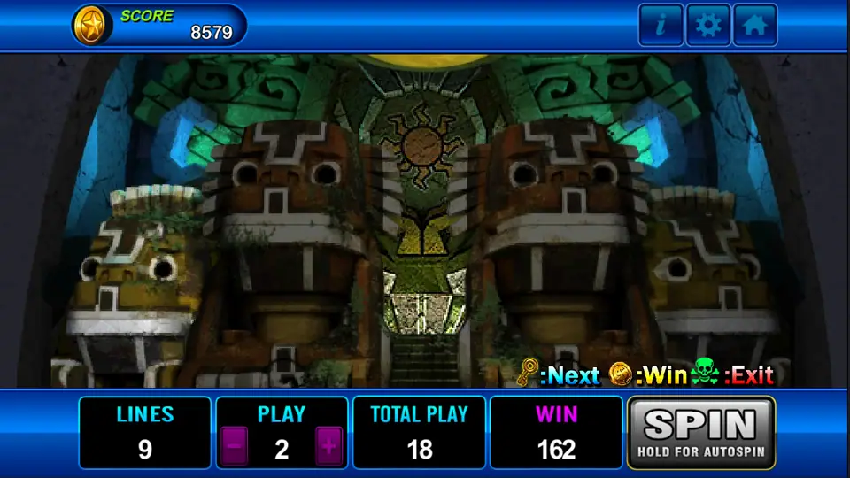 Amazon Jungle bonus: a stone temple gate with carved heads, the legend key Next, coin Win, skull Exit, win 162