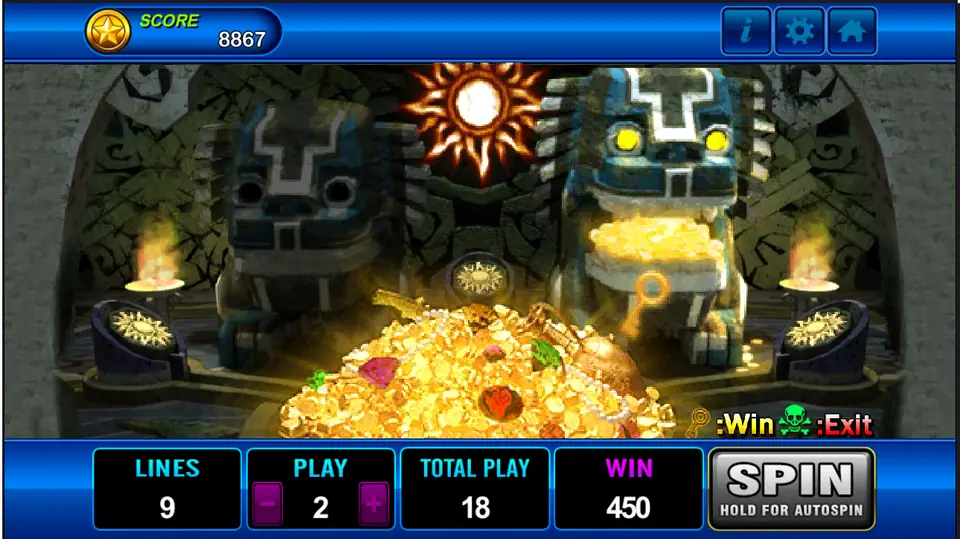 Last temple stage with a pile of gold coins and gems, two stone statues and a sun disc, win of 450