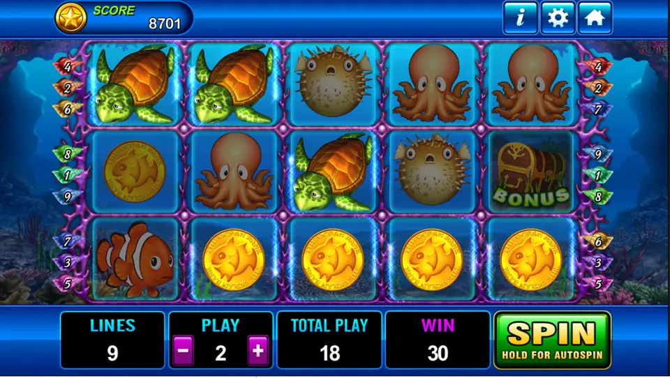 Dolphin spin with gold fish coins across the bottom row, turtles and octopus above, win of 30