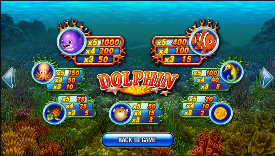 Dolphin pay table: purple dolphin 1000 for five, clownfish 400, octopus 150, seahorse 100, turtle 75, puffer fish 50, coin 20
