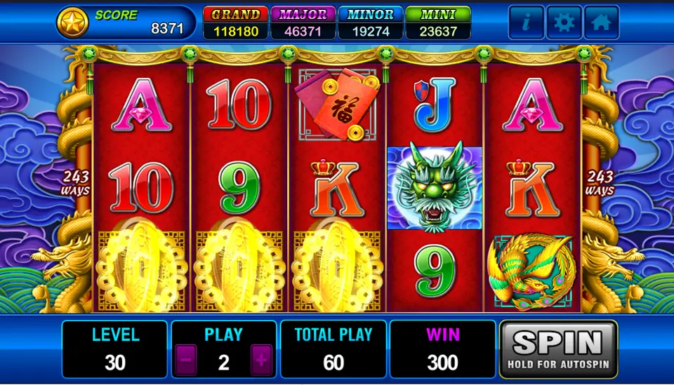 Three large gold coins on reels 1 to 3 with a green dragon head on reel 4, win of 300 at total play 60
