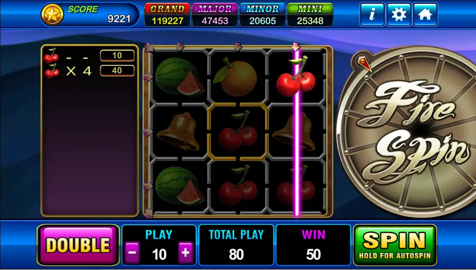 Cherry win: one cherry line paying 10 and four cherries anywhere paying 40, total win 50