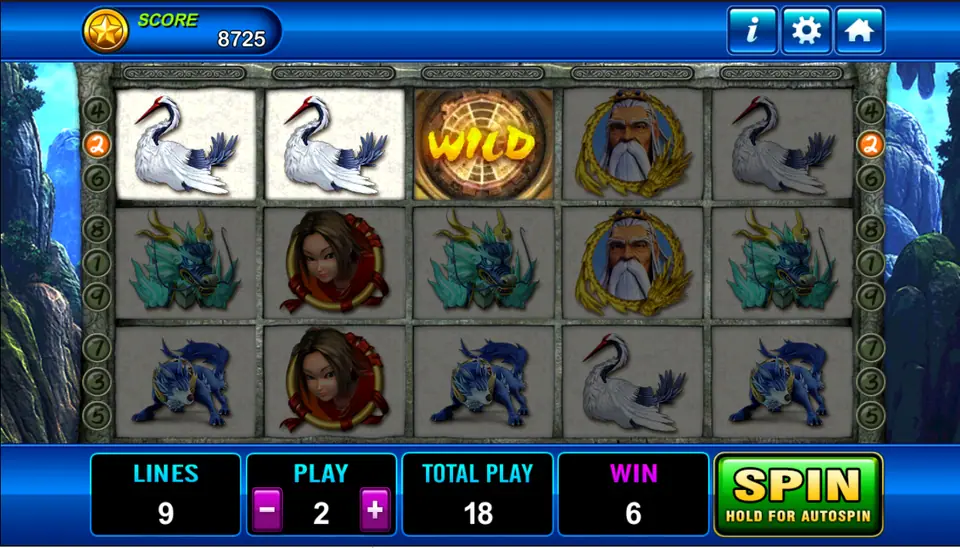 Two white cranes and a WILD on line 2 for a win of 6, with blue dragons and beasts below