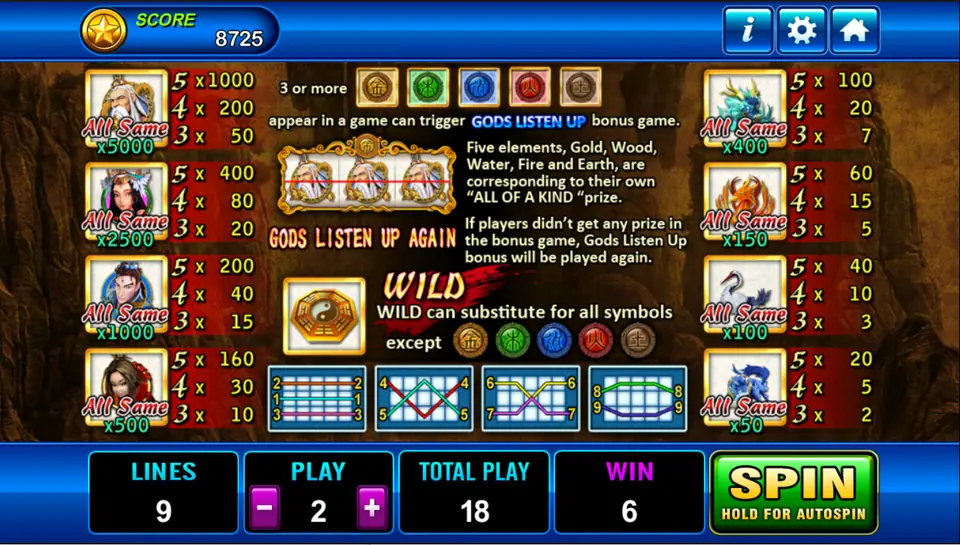 Fong Shen pay table: sage 1000 for five and 5000 All Same, feather-crown woman 400, warrior 200, girl 160, dragon 100, phoenix 60, crane 40, beast 20, Gods Listen Up rules
