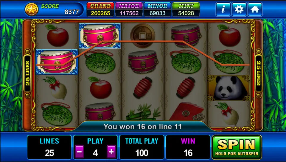 Three pink drums on line 11, You won 16 on line 11