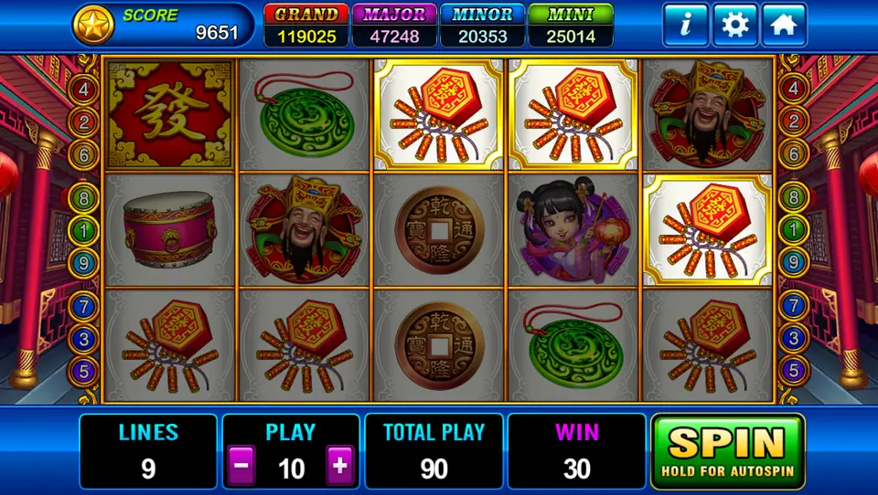 Three firecracker bundles lit up on reels 3 to 5 with a red Fa tile on reel 1, win of 30