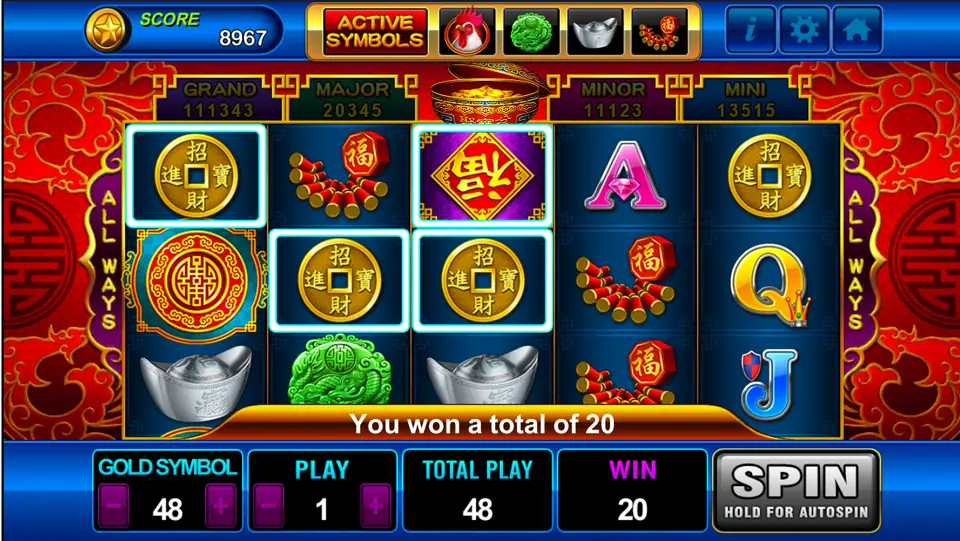 Gold coins on reels 1 to 3 and a purple Fu tile on reel 3, You won a total of 20 at gold symbol 48