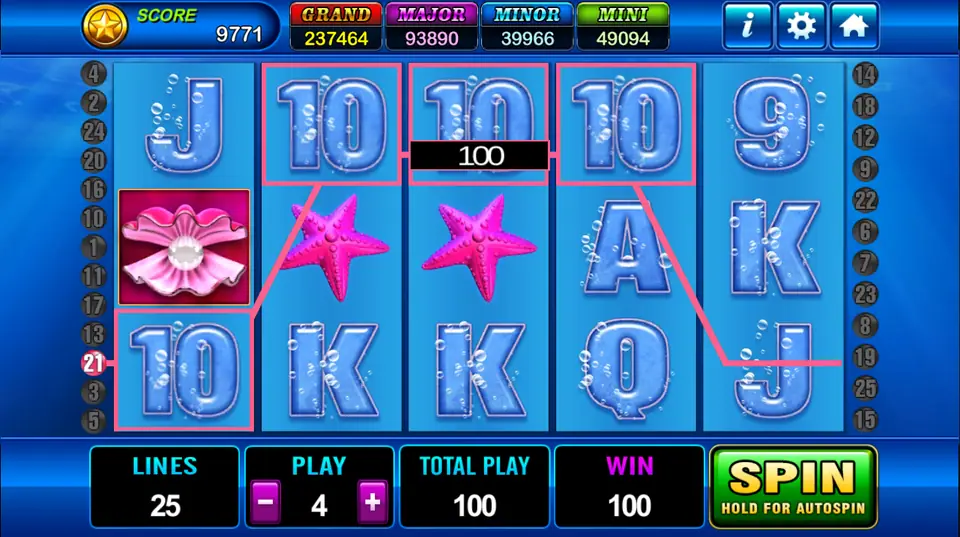 Four 10s on line 21 with a tag showing 100 and a pearl shell scatter on reel 1, win of 100