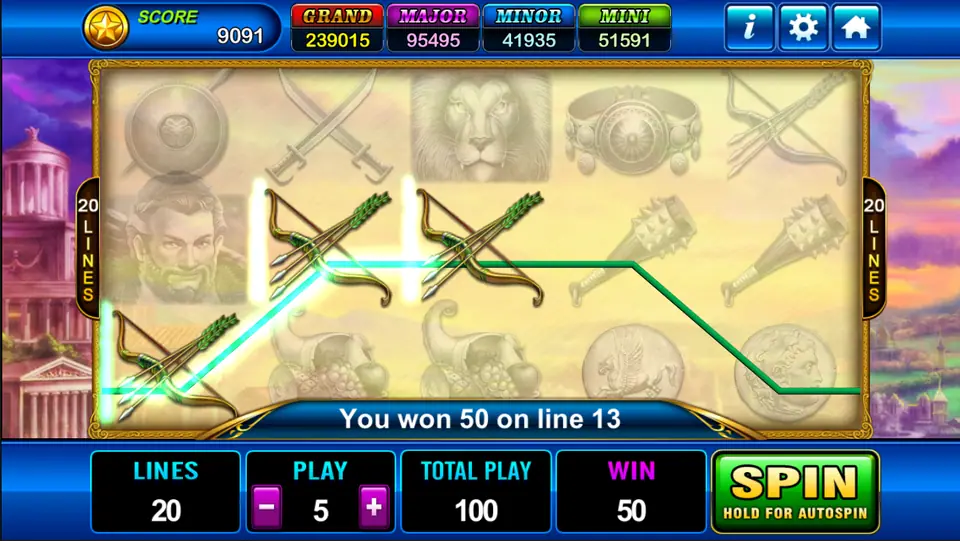 Three bows on line 13 from the left, You won 50 on line 13