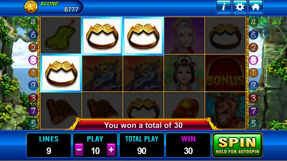 Three golden headbands lit up on line 8 with a red BONUS door on reel 5, You won a total of 30